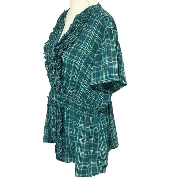 Torrid size 1 (14) sheer plaid blouse, ruffles, buttons and an elastic waist EUC - Picture 3 of 12